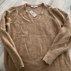 LOFT Tan V-Neck Sweater with Gold Details